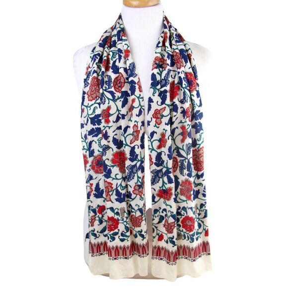 11.25"x59.5" Ginnie Johansen WHITE SILK FLORAL PRINT HANDROLLED SCARF WRAP (B46 - Picture 1 of 8